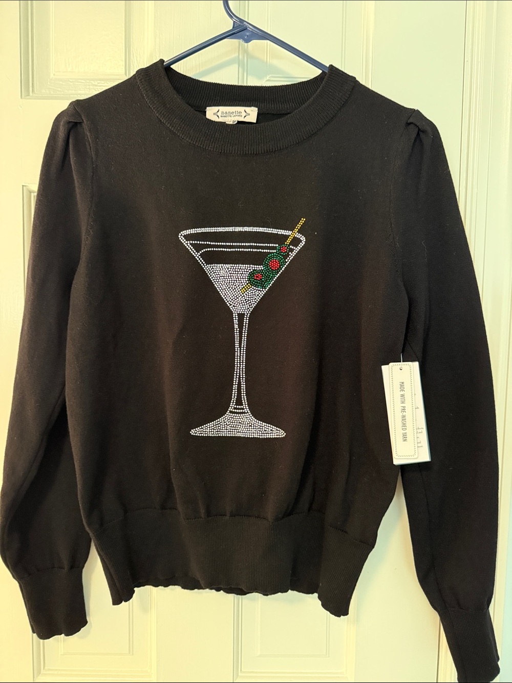 Nanette Lepore Black Crewneck Sweater with Rhinestone Martini